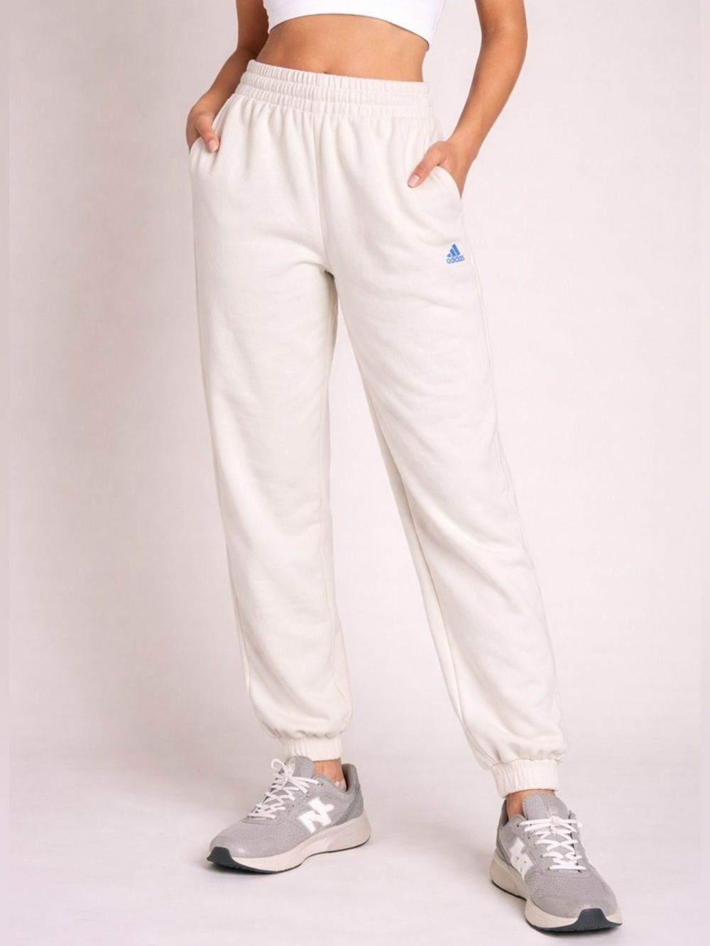Adidas Cream Blue Embroidered Logo Jogger Style Sweatpants Size XXL